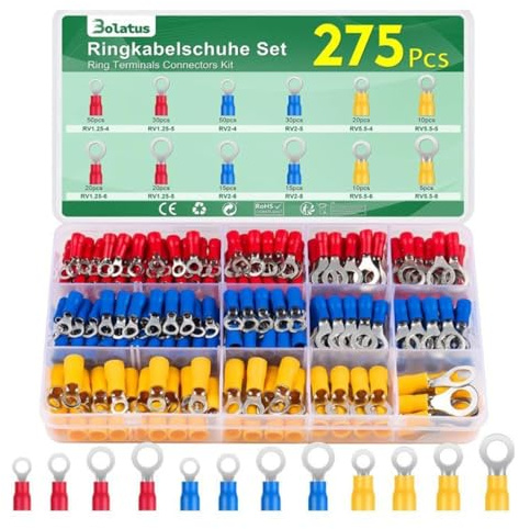 275 connettori elettrici a crimpare da 0,5 a 6,0 mm², terminali a crimpare isolati, a forcella ad anello, maschio e femmina, per riparazioni automobilistiche e meccaniche