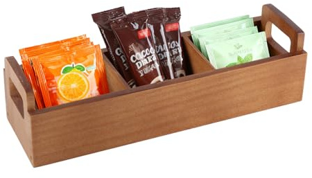 ZoeQide Teebox Holz 2er Set Akazienholz, Teebeutel Organizer mit 3 Fächern | Zwei Holzboxen für Teebeutel, Zucker und Süßstoff, mit Griff und 3 Fächern für Küche, Büro oder Kaffeestation im Alltag