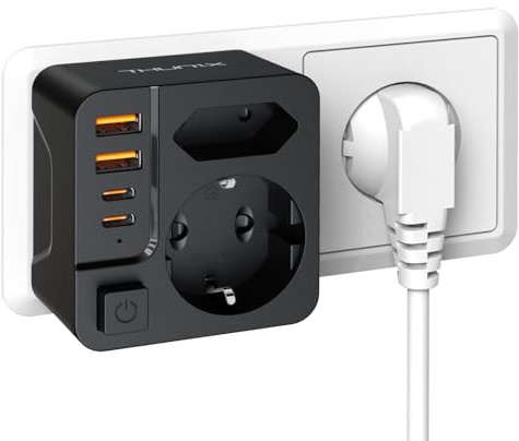 Mehrfachsteckdose USB C, THUNIX Doppelstecker für Steckdose, Steckdosenadapter 2Fach 4000W mit 4 USB Netzstecker, Mehrfachstecker mit Schalter-Schwarz