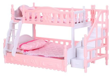 JOINPAYA 1 set mini våningssäng - 1/12 dockhusmöbler - miniatyr dockhussäng med lakan och kudde sovrumsdekorationstillbehör