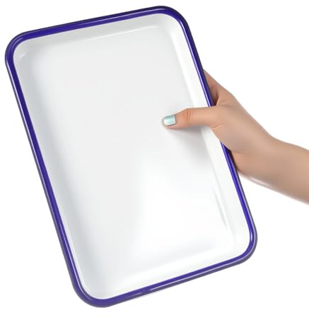 POPETPOP 2 Pièces Lot de 2 Plats à Rôtir en Émail Blanc 26x18 Cm, Plaque de Cuisson Antiadhésive Rectangulaire pour Four, Moule à Pizza et Pâtisserie Multifonction, Ustensiles Cuisine