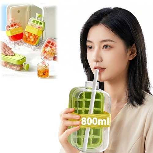 hankousi 1Pcs 800 ml Ice Cube Bottle, 2-in-1 Leakproof Freezer-Ready Water Bottle with Built-in Ice Tray & Straw for Summer Cold Drinks (Green)