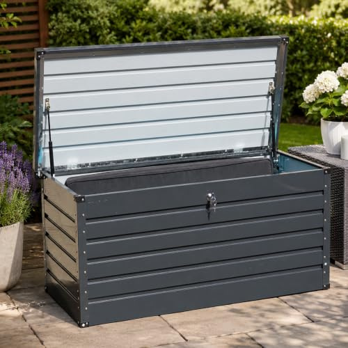 Gr8 Garden 420L Lockable Metal Garden Storage Box Dark Grey Anthracite | Weather-resistant with key lock and easy-lift lid