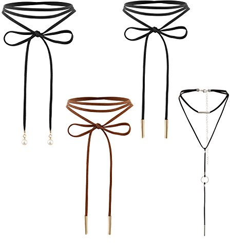 JewelryWe Schmuck 4 Stück Frauen Lange braun Schwarze Leder-gotische Seil Goldrohr Falsch Chokerhalsketten Collier, Quaste Halskette Länge einstellbare Halsband für Damen