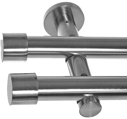 BASIT Gardinenstange Edelstahllook 20mm 2-läufig Wand 180cm lang H41 | Gardinenstangenset doppelläufig Wandmontage Metall Vorhangstange Wandhalterung 120-600cm wählbar Kappe E30