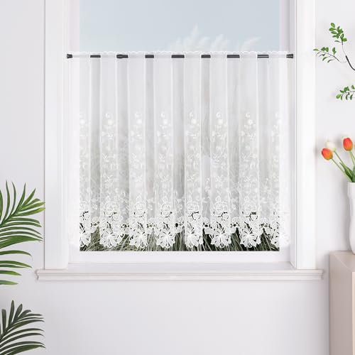 Yujiao Mao 1er Pack Halbtransparent Besticke Weiß Blumen Scheibengardine Küchen Vorhang Tür Gardine J13 HxB 75cmx150cm