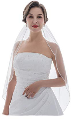 SAMKY 1T 1 Tier Kristall Perlen Rand Braut Hochzeit Schleier, Weiss/opulenter Garten, Fingertip Length 36