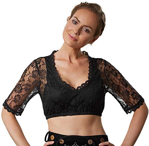 dressforfun 900597 Dirndl-blus, halvlånga ärmar, blommigt spetsmönster, svart, oktoberfest festival – olika storlekar (L| Nr. 303087)