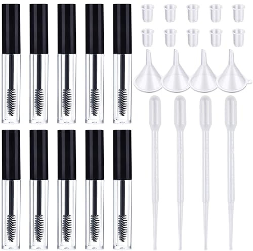 Kalolary 10Pcs 10ml Empty Mascara Tube and Wand Refillable Mascara Tube with Eyelash Wand DIY Eyelash Cream Container Eyeliner Tube Vials Bottle with Rubber Inserts and Funnels Kit