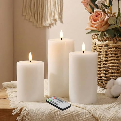 Eywamage vit platt topp flamlösa pelarljus med fjärrkontroll, flimrande äkta vax LED-batteri ljus Φ 7,6 cm H 10,16 cm 12,7 cm 15,2 cm (3 tum) H 10,16 cm (5 tum)
