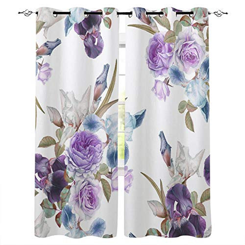 FTCAKET Gardine Lila Gardine Küche Blumen Blätter 3D-Digitaldruckvorhänge Für Balkontür Mit Ösen 2Er Set Schlaufenvorhang Wohnzimmer 140x160 cm ( Breite x Höhe)