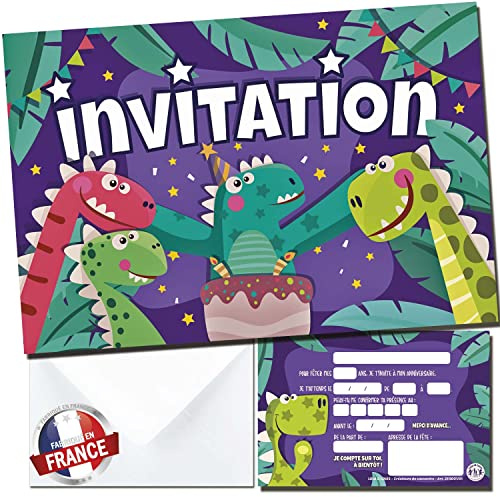 Lola et Louis (L&L) 10 Cartes d'invitation anniversaire garcon et fille avec enveloppes • Cartons pour inviter • Thèmes Dinosaures, Dinos, Gâteau, Bougies