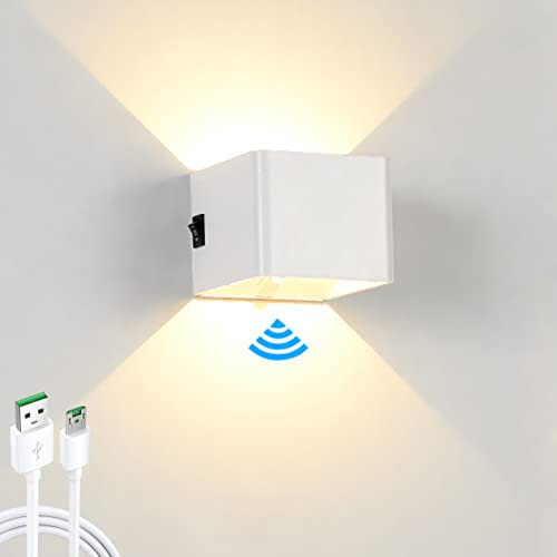 WRMING 5W LED Innen Wandlampe mit Bewegungsmelder Akku Aufladbar Wandleuchte Schalter Treppenlicht USB Wiederaufladbar Warmweiß kabellos Schlafzimmer Magnetisch up und down light Flurlampe (white)