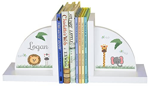My Bambino Personalized Bookends for Kids | Neutral Jungle Safari Animals White Wooden Bookends | Custom Name Book Ends | Nursery & Kids Room Gift