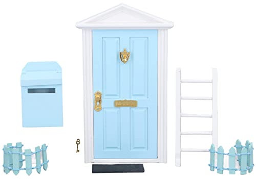 Tissting Wichteltür Weihnachten Set, Zauberhafte Zahnfee Tür, Puppenhaus Zubehör Mini Holz Tür Set mit Briefkasten, Zaun, Leiter, Fußpads, Dekorieren 1:12 Puppenhaus (Blau)
