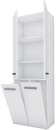 3E 3xE living.com Badezimmerschrank - Standschrank mit dreiEinlegeböden und Zwei Wäschekörben Weiß, T: 30 cm, H: 174 cm, B: 60 cm