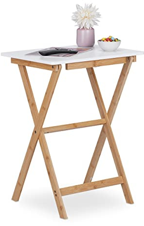 Relaxdays Klapptisch, Bambus, HxBxT: 63 x 47,5 x 37 cm, platzsparend, belastbar, klappbarer Beistelltisch, weiß-Natur | platzsparend, belastbar, klappbarer Beistelltisch
