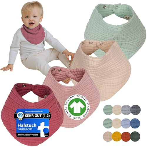 furora BABY Musselin Halstuch Baby Mädchen & Jungen, bio Baumwolle OEKO-TEX: Set (4 Stück) Dreieckstuch Baby Winter + Sommer | Lätzchen Baby Neugeborene- Kinder 4 Jahre: weich saugfähig