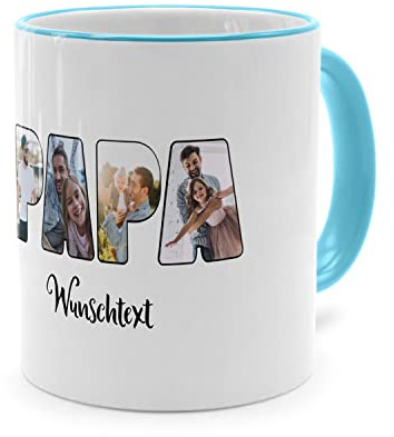 PhotoFancy® - Fototasse 'Papa' - Personalisierte Tasse mit eigenem Foto und Text selbst gestalten - Hellblau