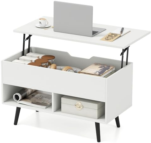 COSTWAY Soffbord höjdjusterbar, soffbord med lyftbar bordsskiva och 2 öppna hyllor, utdragbart vardagsrumsbord, kaffebord av trä för vardagsrum, kontor, 80 x 40 x 44,5–58 cm (vit)