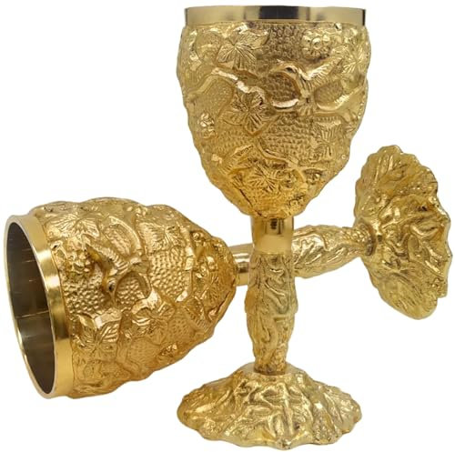 LEATHERVINES Handcrafted Medieval Gold Plated Brass Chalice 6 oz| Handcrafted Cup Set For Spiritual Gifts, Fantasy Decor, or Game Night Collectors|Royal Drinking Glass