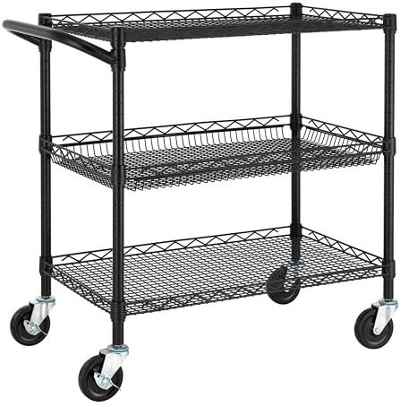 Finnhomy 3 Tier Heavy Duty Commercial Grade Utility Cart, Wire Rolling Metal Trolley with Handle Bar, Steel Kitchen Service Cart with Wheels, Food Storage Trolley on Wheels, NSF Listed, Black