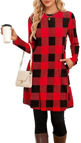 NARRAME Abiti Invernali da Donna Midi a Maniche Lunghe con Bottoni Causali Abito a Tunica Laterale con Tasche Scozzese Rosso Nero Medio