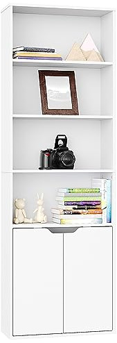 Panana 6 Tier Tall Bookshelf with Doors, Wooden Bookcases And Shelving Units Free Standing Display Cube Unit Storage Cupboard Organizer for Home Office (White)