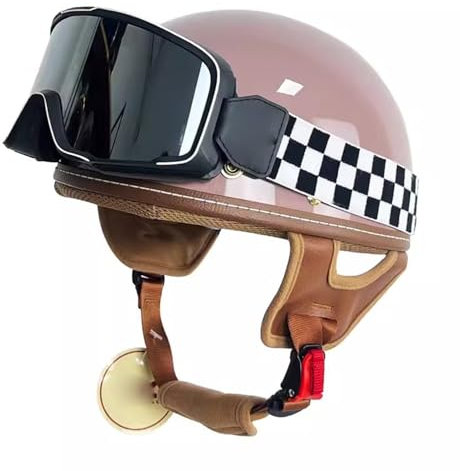 Motorrad Halbhelme Brain-Cap mit ECE Genehmigt Mit Brille Brain-Cap Halbschale Roller-Helm Scooter-Helm Jet-Helm Retro Für Erwachsene Herren Damen E,M