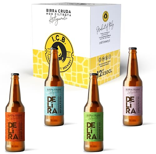 Delíra – 12 Birre Artigianali Italiana Cruda Non Filtrata | Set Degustazione Da 50 cl, Idea Regalo Particolare. Mix Selezione: Rossa, IPA, Weiss, APA-Salvo disponibilità di assortimento