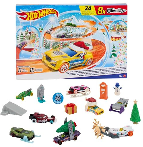 Hot Wheels - Calendario dell'Avvento 2024, 24 finestrelle numerate con sorprese e tappetino di gioco, 8 macchinine e 16 accessori a tema invernale, giocattolo per bambini, 3+ anni, HTG00
