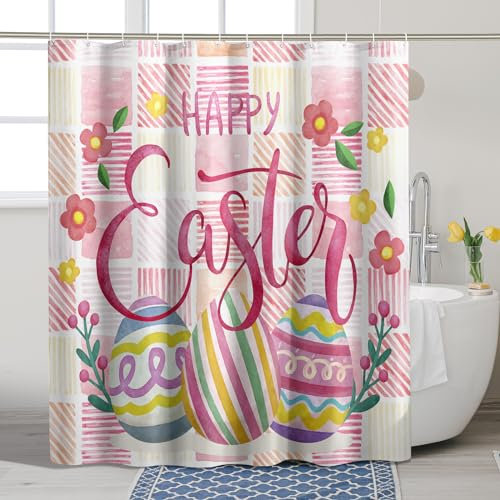 Easter Shower Curtain Happy Holiday Eggs Striped Floral Checked Cute Pink Polyester Ornaments Waterproof Decor Thick Grommet Room Indoor Bathroom Dorm Outdoor Short Shower Curtain 62x72 Inch