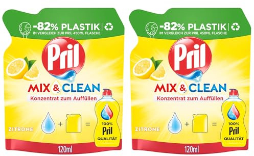 PRIL Mix & Clean Zitrus Konzentrat zum Auffüllen (2x 120 ml), Handgeschirrspülmittel mit höchster Fettlösekraft, für sauberes Geschirr auch in kaltem Wasser, 82% weniger Plastik
