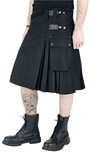 NORTH EDGE Men's Scottish Black Utility Cotton Kilt Fashion Sport Black Utility Skirt Two Cargo Pockets with Adjustable Leather Straps