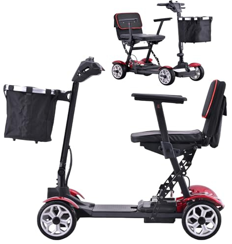 HZWJD Roller Erwachsene,4-Rad-Mobilitätsroller,Reise Mobilitätsroller,Elektroroller Erwachsene,Rollstuhl Faltbar Leicht,With Removable Lithium Battery,With Storage Basket red