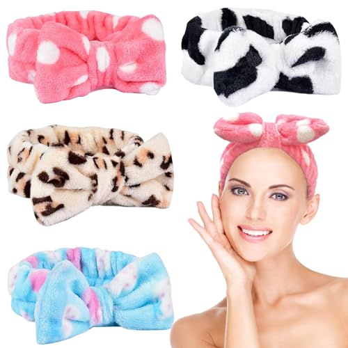KEYRI Förpackning med 4 spa-rosetter hårband, elastiskt korall fleece ansiktspannband för kvinnor, smink och ansiktstvätt, yoga (vit, rosa, blå, leopard, en storlek)