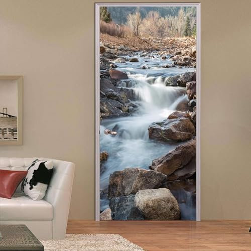 3D Türtapete Selbstklebend Türposter - Wald, Felsen, Fluss 90 X 200 Cm - Türaufkleber Fototapete Abziehen Und Aufkleben Türfolie Tür Tapete Poster Stickers - Kinderzimmer Wohnzimmer Küche Schl 0