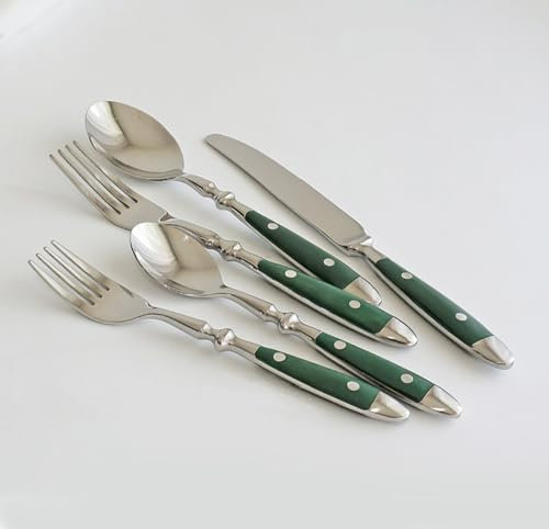 HPTHLY Silberbesteck-Set, 20-teilig, für 4 Personen, Grün, klassisch, elegant, Besteck aus Edelstahl mit Nietengriff im Harzstil, feine Utensilien, Essgeschirr für Zuhause, Edelstahl