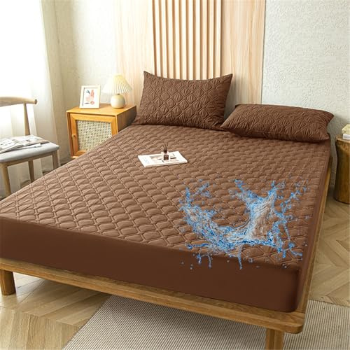 Odot Gesteppte Spannbettlaken Wasserdicht Weicher Verdickter Matratzenschoner Rutschfester Doppeltes Einzelbett bettspanntuch Topper-Overlays Spannbetttücher, Einfarbig (Braun,90x200+28cm)