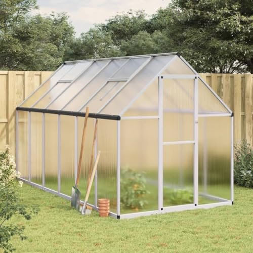 IKAYAA Gewächshaus Aluminium mit Fundament Gartenhaus Winterfest Gewächshaus Glas Glashaus Garten Tomatenhaus Frühbeet und Pflanzenhaus 334 x 169 x 195 cm Silbern und transparent