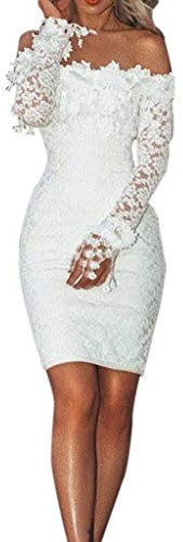 Vestido de cóctel corto para mujer, Generic, Vestido de cóctel elegante, Vestido de un solo hombro, Manga larga, Blanco, Encaje, Elegante, Largo hasta la rodilla, Vestido festivo