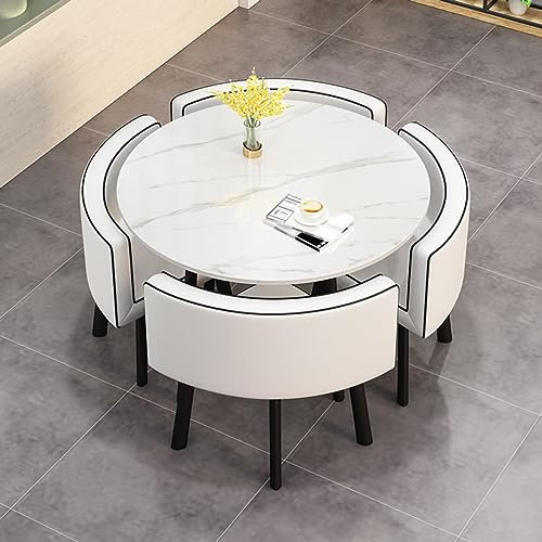 Runder Tisch mit Stühlen, für Büro, Empfang, klein, platzsparend, Konferenztisch für Wohnzimmer, Balkon, Café, Pausenraum, Büromöbel mit Steinplatte (Weiß)