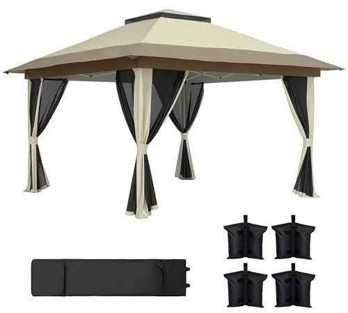 Outsunny Carpa Plegable 3,6x3,6 m Anti-UV Altura Ajustable Crema | Cenador Plegable, 4 Paredes Laterales de Malla, Bolsa de Arena, Bolsa de Transporte, Gazebo para Camping, Fiestas
