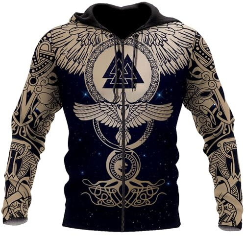 Wikinger Krieger Herren Jacke Sommer Nordische Mythologie Tattoo Reißverschluss Hoodie Lässig Langer ärmel Kaputzensweatjacke