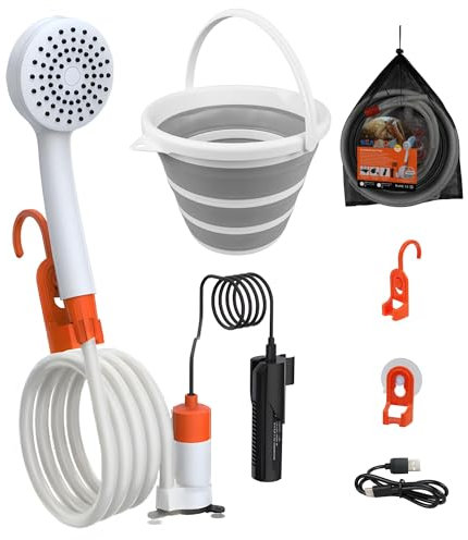 SEAFLO Portable Camping/Outdoor Shower with Collapsible 2.6 Gal Bucket, Rechargeable Battery, 2.64 GPM, 40-Minute Runtime Outdoor Camping Pet Washing, Type-C Charging, 80 Hose, 4-Year Warranty