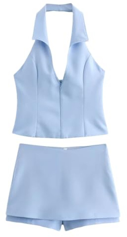 Women's Halterneck Slim Suspenders Mini Hakama Skirts Set Blue S