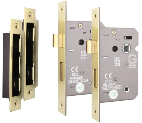 EAI Satin Brass Bathroom Lock, 64mm / 2.5 Inch, Fire Rated, Pack of 2 | Mortice Lock for Internal Doors with 44mm Backset, 30/60 Minute Fire Tested, Adjustable Keep, Dust Box and Fixings Included