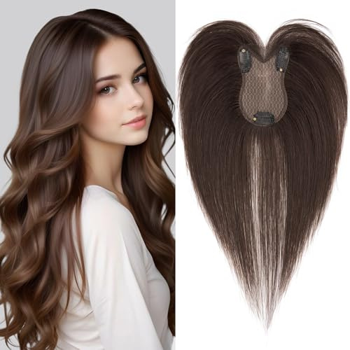 S-noilite Haartopper für Frauen mit dünnem Haar Dunkelbraun 100% echtes menschliches Haar topper mit Seitenpony - Haar Toupet Damen Haarverdichtung 21 Gramm