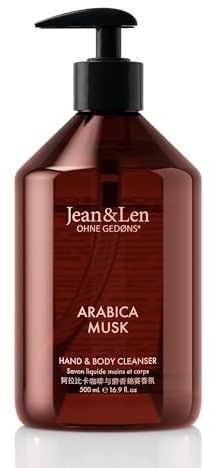 Jean & Len Hand & Body Cleanser Arabica & Musk, pour une expérience nettoyante parfumée, savon pour le corps et les mains dans un flacon haut de gamme, parfum aromatique, vegan, 500 ml