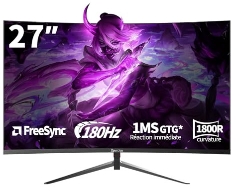 ZovvJee Écran PC Gamer Courbé 27 Pouces 180Hz - Résolution FHD 1080p, Temps de Réponse 1ms, FreeSync, 100% sRGB, Bordure Ultra-Fine, Angle de Vue 178°, HDMI/DisplayPort, Mural VESA 100x100mm - Noir